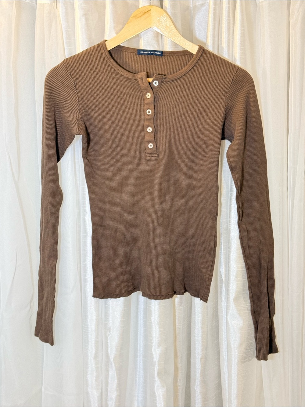 Brandy Melville Brown Ribbed Henley Long Sleeve Top